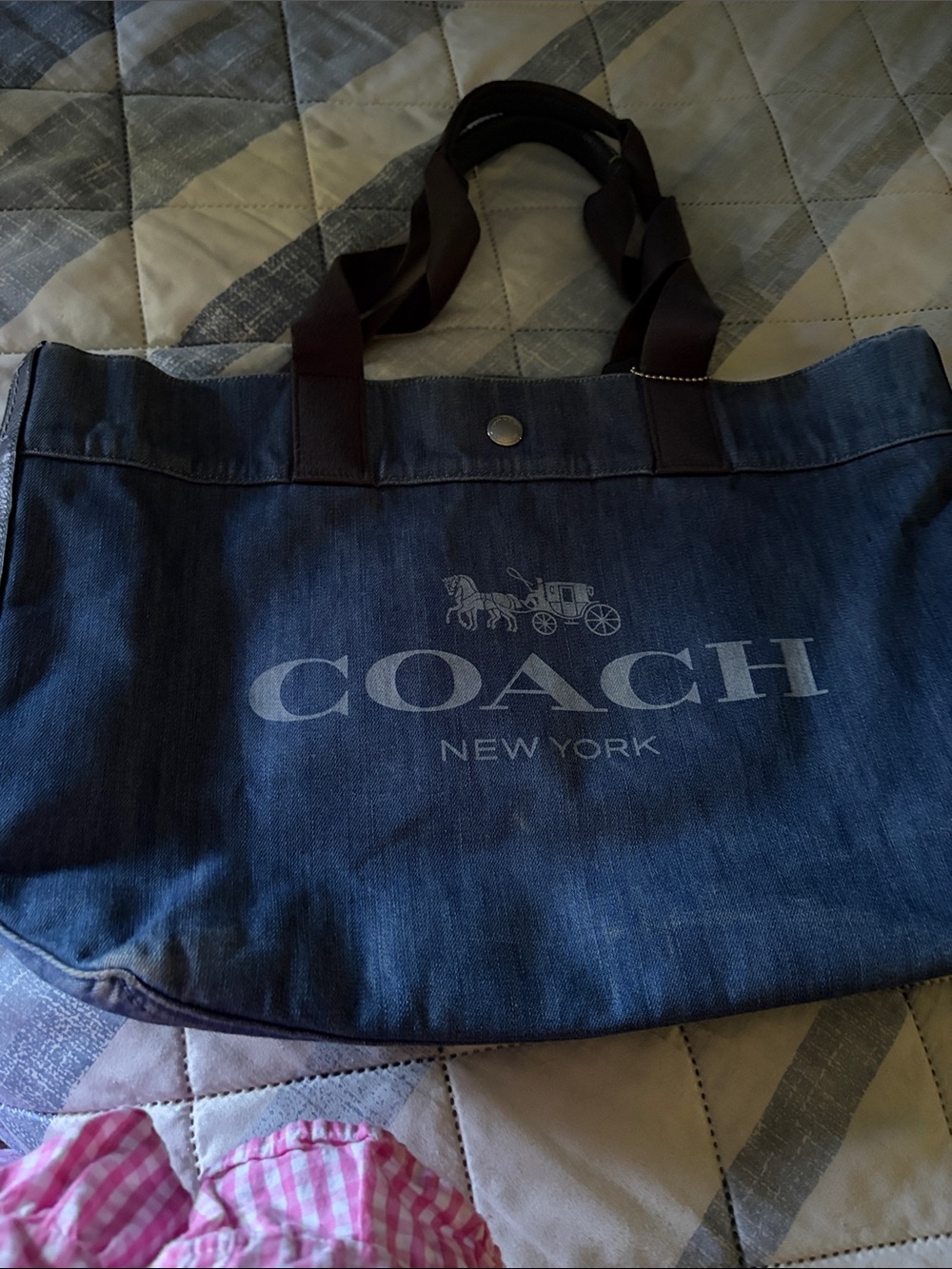 Coach Denim Messenger Tote in Dark Blue with Brown Straps